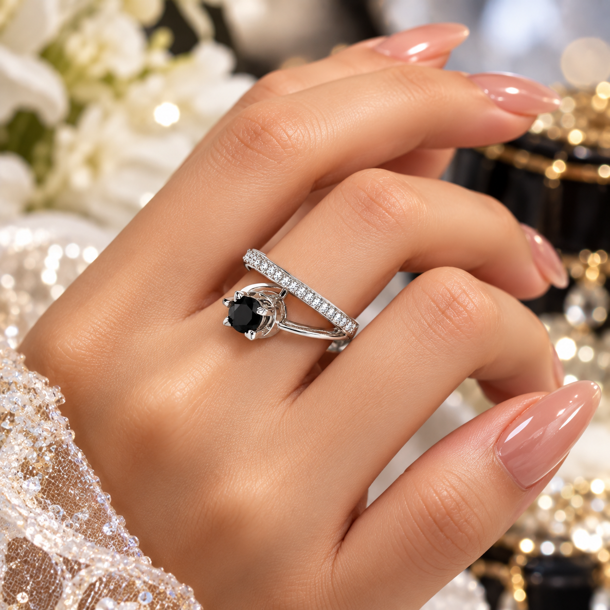 Black Gemstone Pavé Ring – Elegant Statement Ring for Women - Image 2