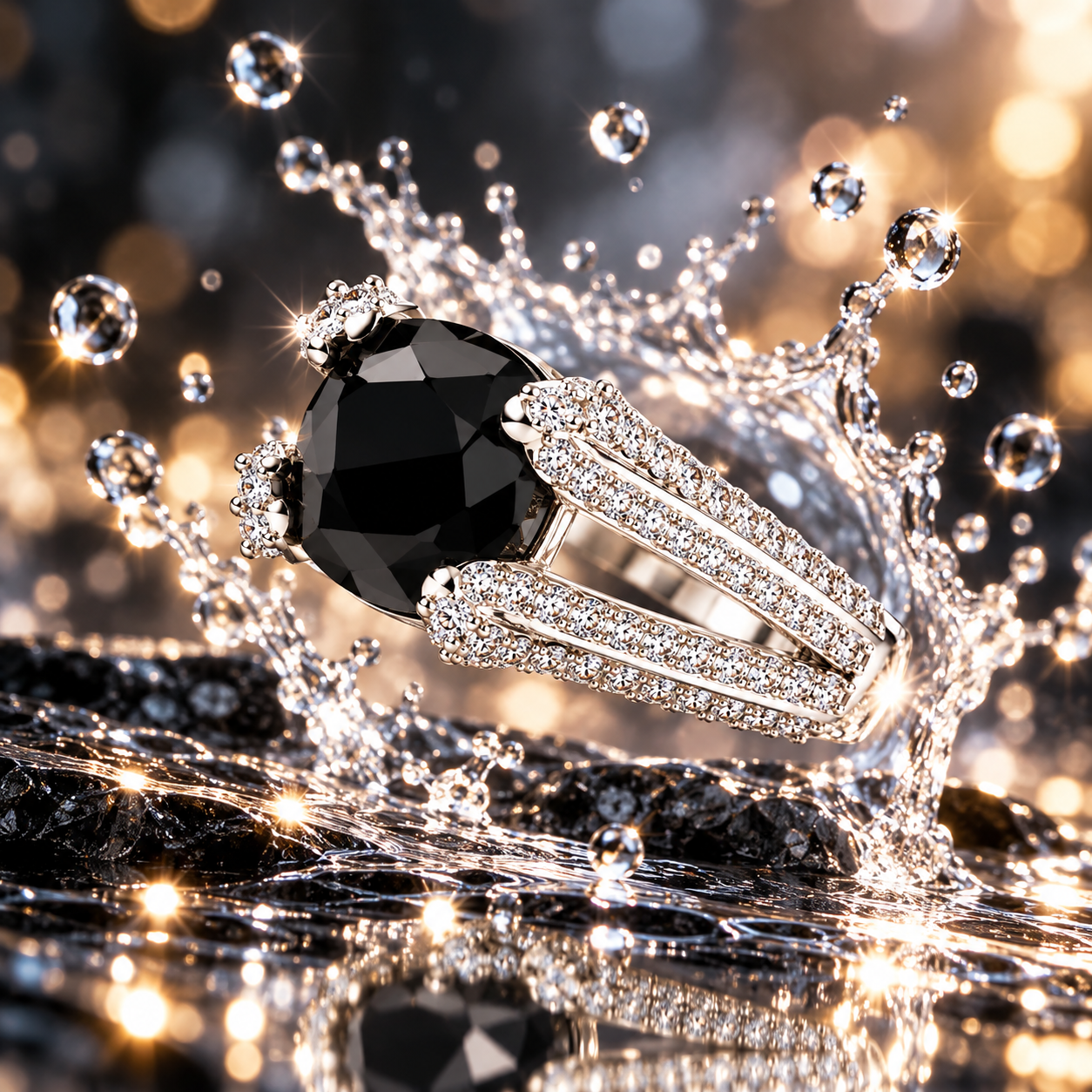 Black Gemstone Split Shank Ring – Elegant Pavé Statement Ring - Image 2