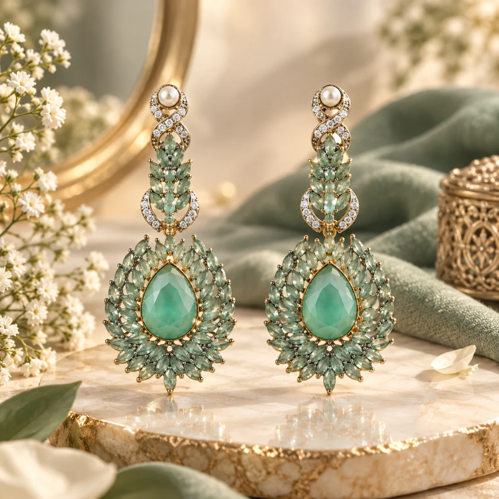Elegant Green Teardrop Chandelier Earrings - Image 3