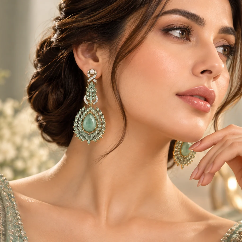 Elegant Green Teardrop Chandelier Earrings - Image 2