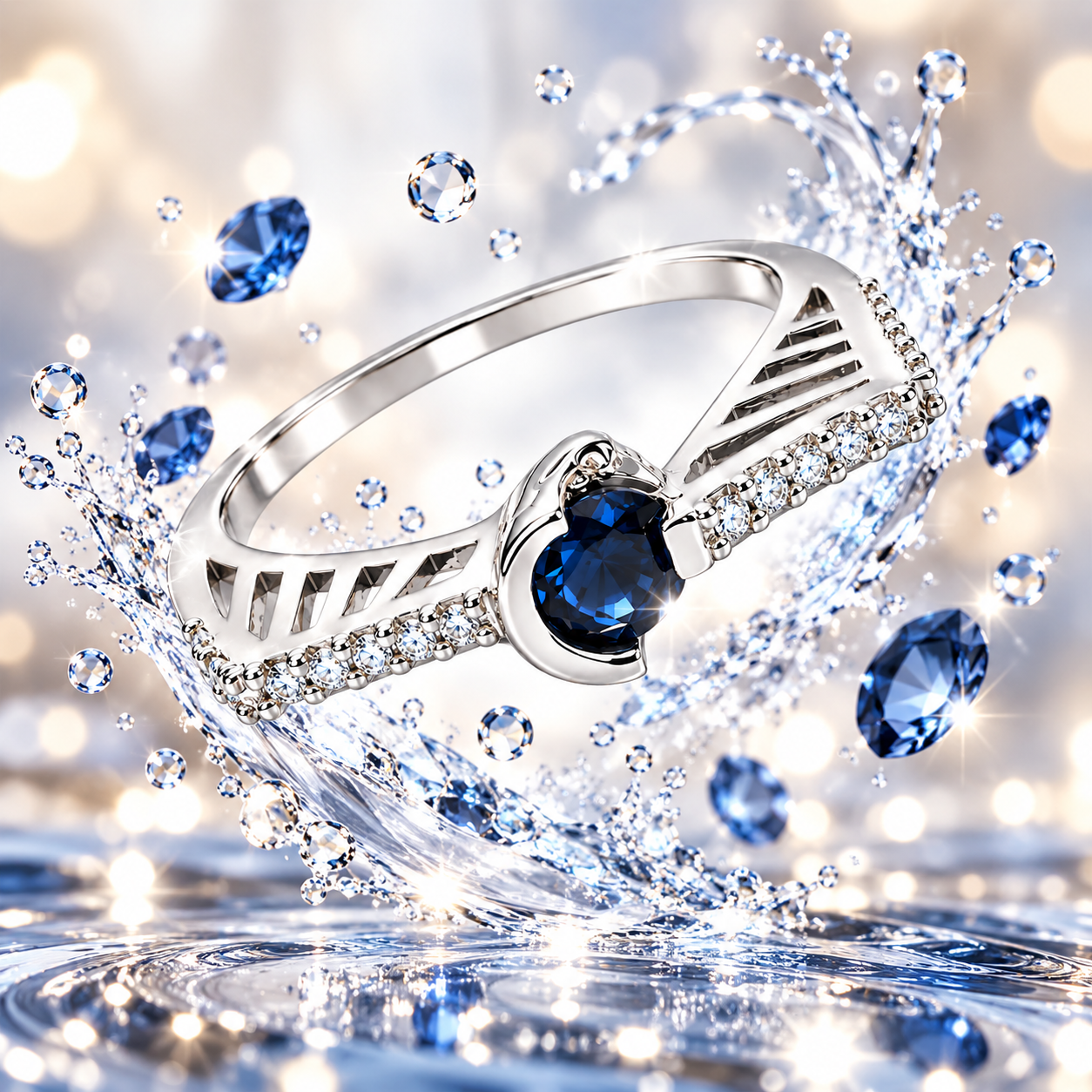 Elegant Blue Gemstone Pavé Ring - Image 2