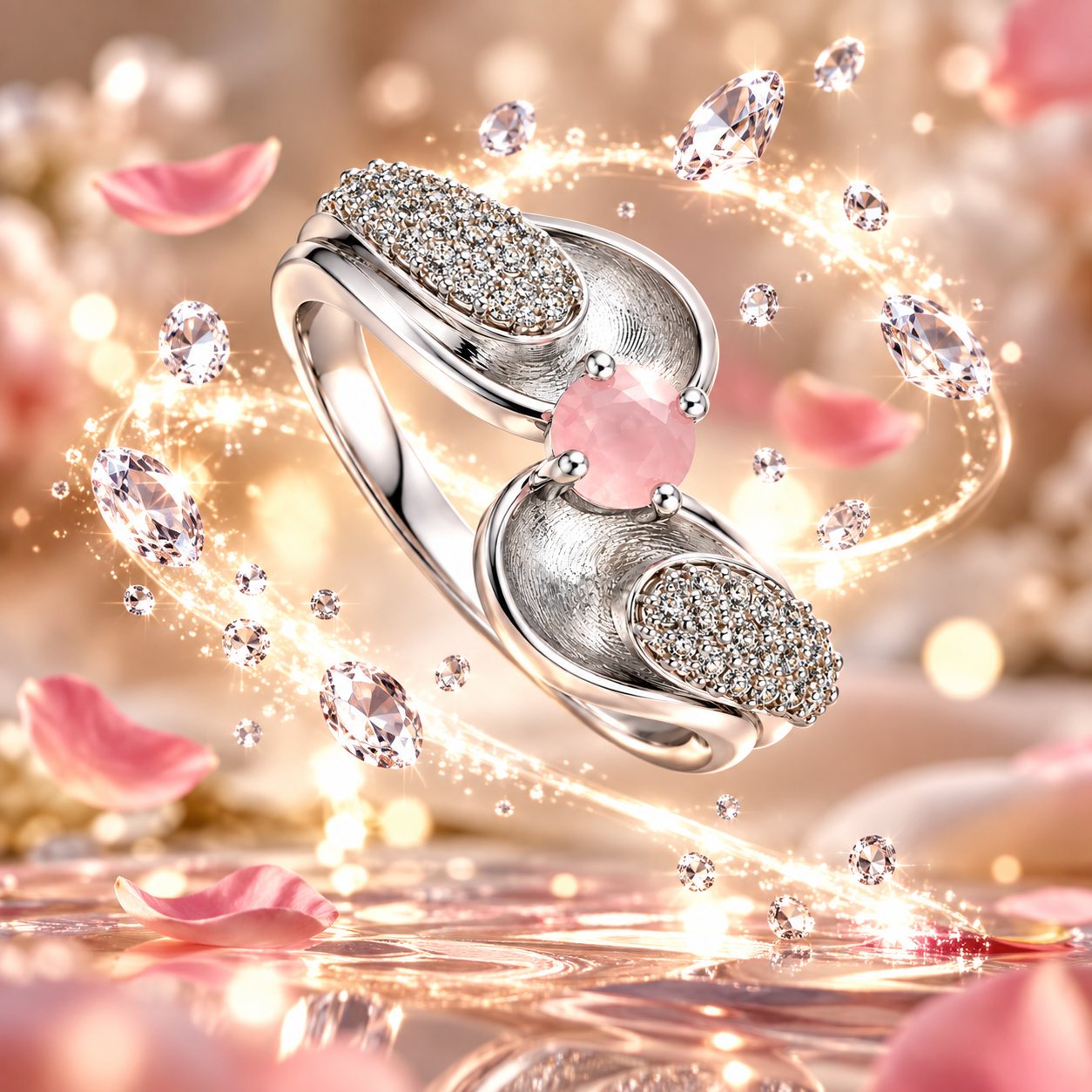 Pink Gemstone Crossover Ring – Elegant Sparkling Statement Ring for Women - Image 3