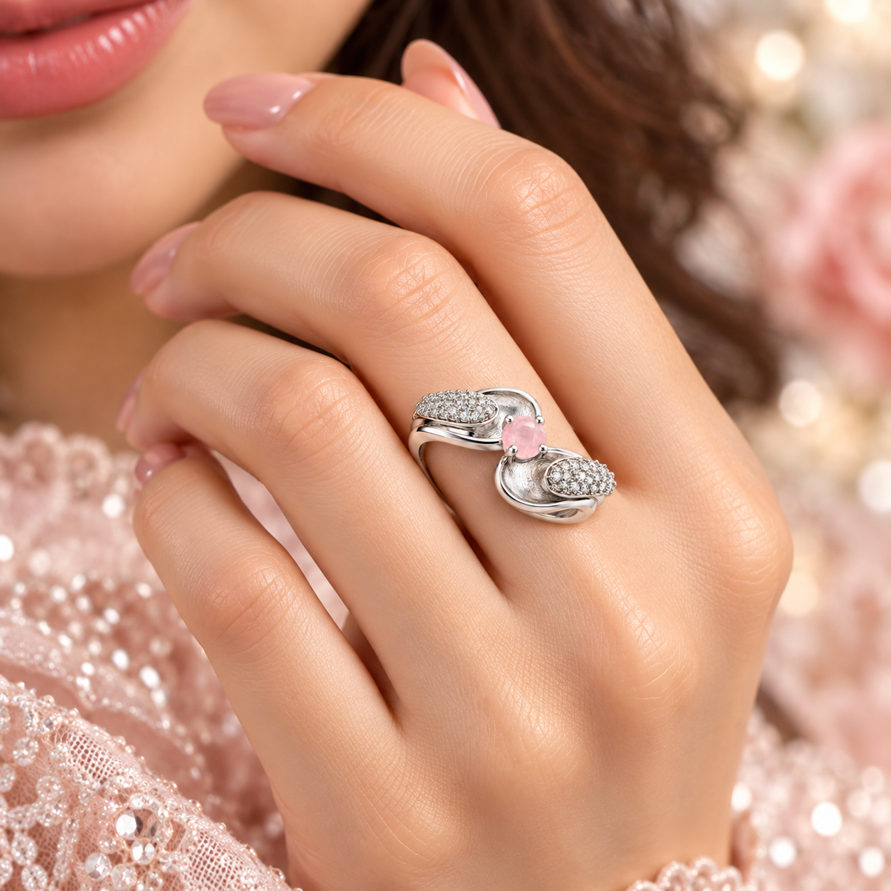 Pink Gemstone Crossover Ring – Elegant Sparkling Statement Ring for Women - Image 2