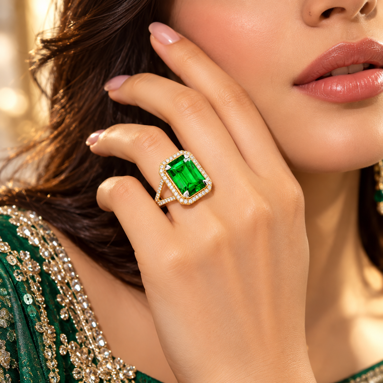 Emerald Cut Green Gemstone Statement Ring - Image 4