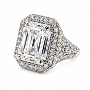 Emerald Cut Halo Ring – Elegant Sparkling Statement Ring for Women