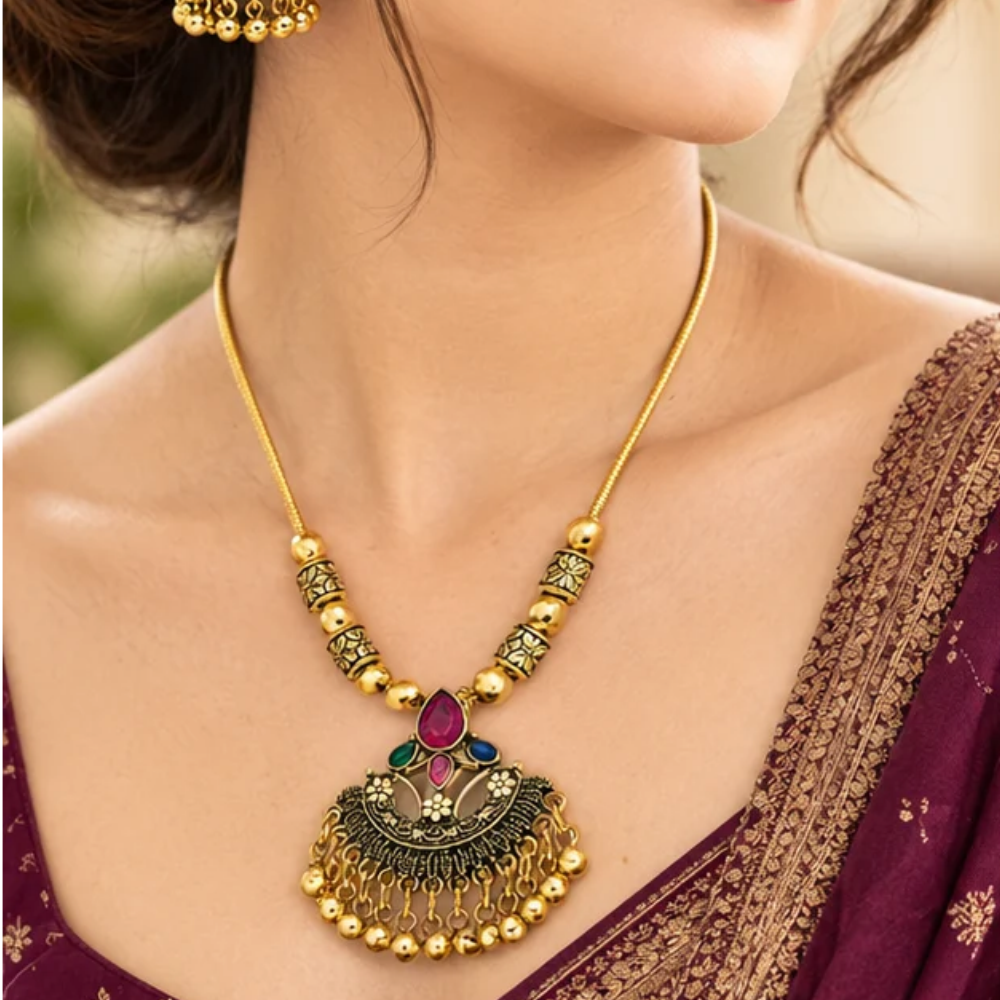 Traditional Gold-Tone Jhumka Necklace & Earrings Set - Image 2