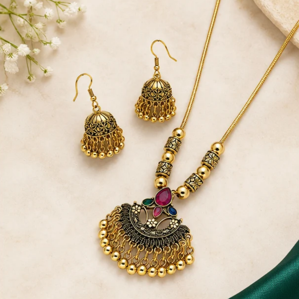 Traditional Gold-Tone Jhumka Necklace & Earrings Set - Image 3