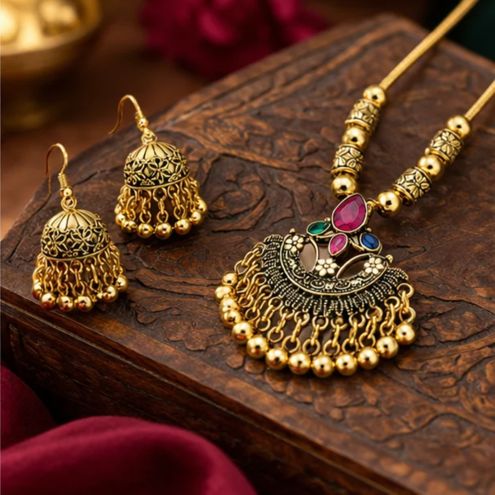 Traditional Gold-Tone Jhumka Necklace & Earrings Set - Image 4