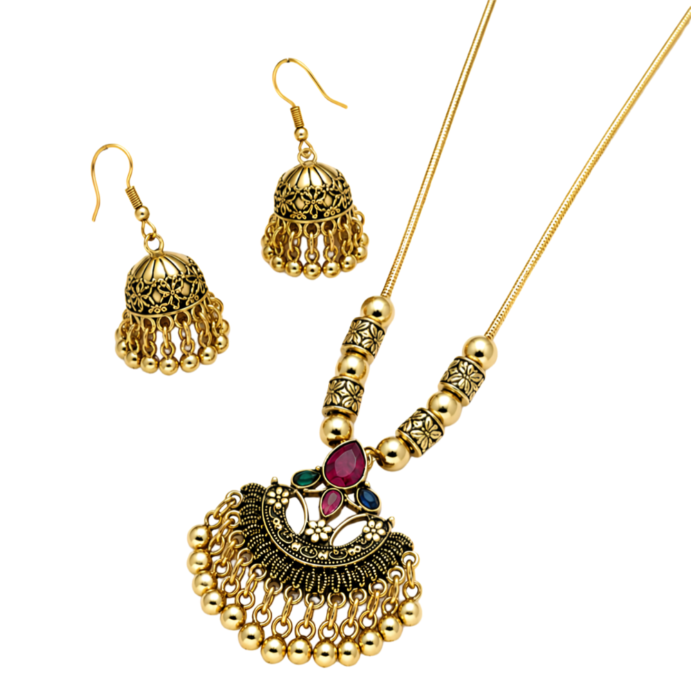 Traditional Gold-Tone Jhumka Necklace & Earrings Set