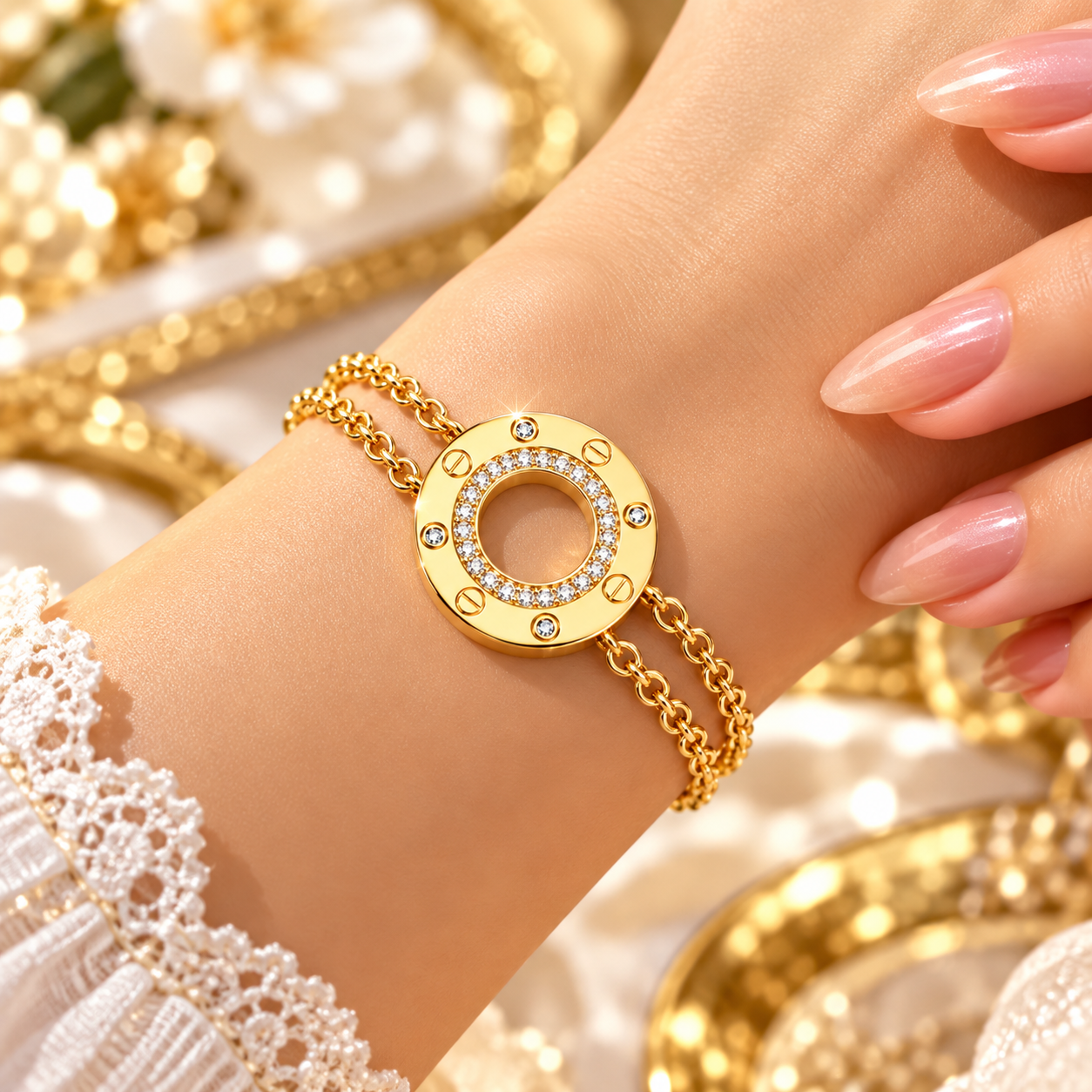 Gold Circle Crystal Bracelet with Double Chain Design | Labelled Dreams - Image 2
