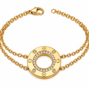 Gold Circle Crystal Bracelet with Double Chain Design