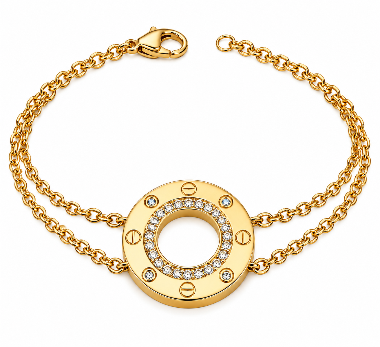 Gold Circle Crystal Bracelet with Double Chain Design