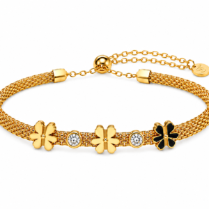 Gold Clover Bracelet with Black Enamel