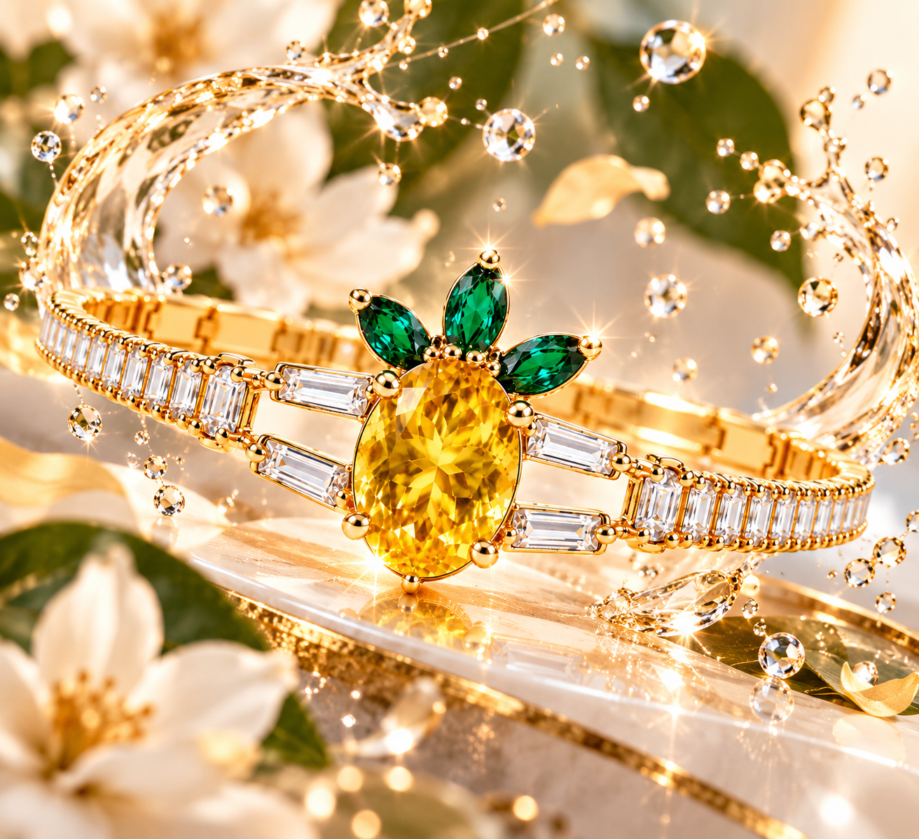 Golden Yellow Gemstone Floral Bracelet with Green Accents | Labelled Dreams - Image 2