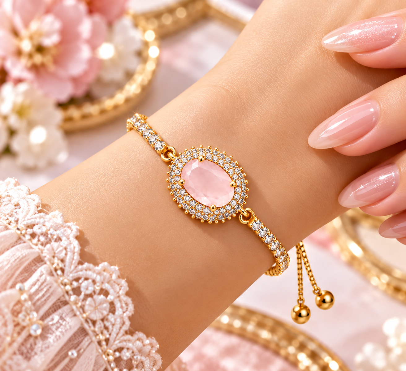 Pink Rose Quartz Style Gold Crystal Bracelet for Women | Labelled Dreams - Image 2
