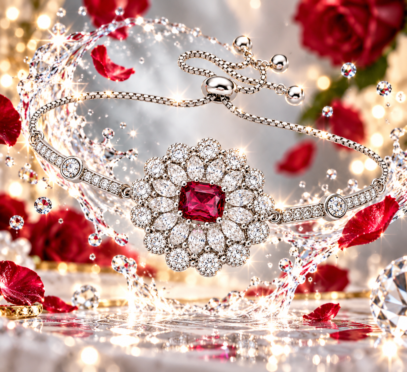 Ruby Red Floral Statement Bracelet with Sparkling Crystals | Labelled Dreams - Image 3