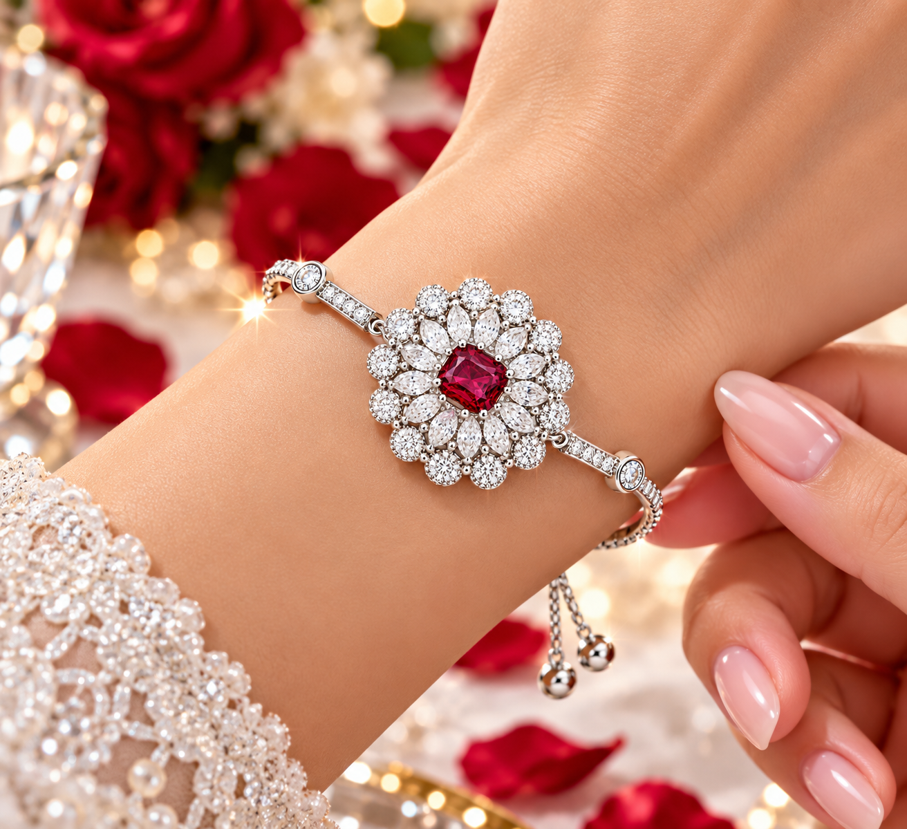 Ruby Red Floral Statement Bracelet with Sparkling Crystals | Labelled Dreams - Image 2