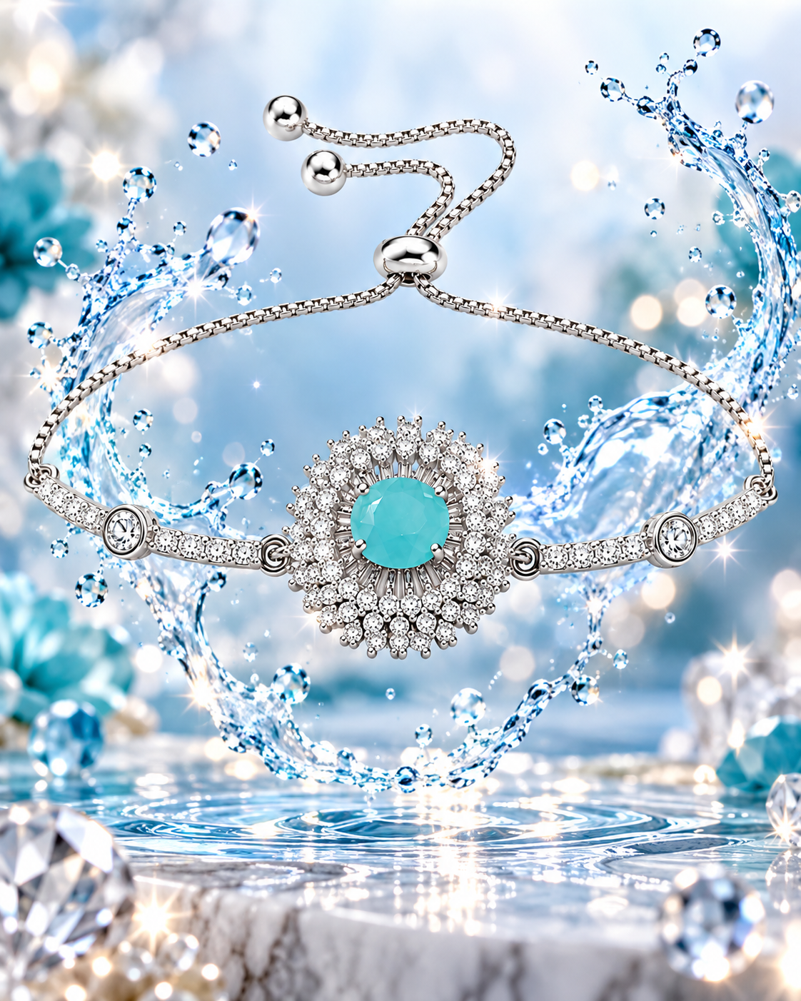 Turquoise Blue Crystal Halo Bracelet for Women | Labelled Dreams - Image 3