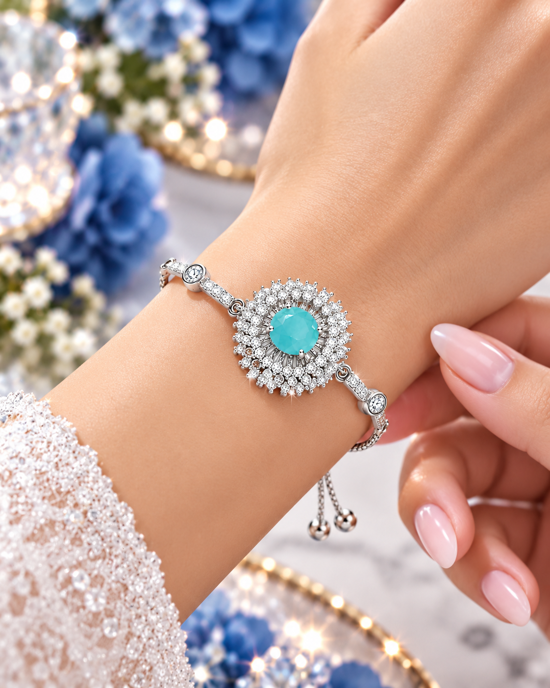 Turquoise Blue Crystal Halo Bracelet for Women | Labelled Dreams - Image 2